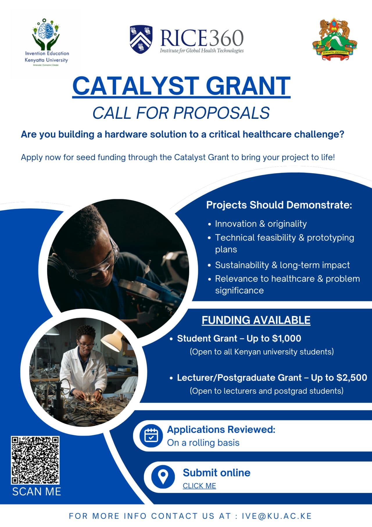 Catalyst Grant call for proposals poster listing the project criteria and funding available