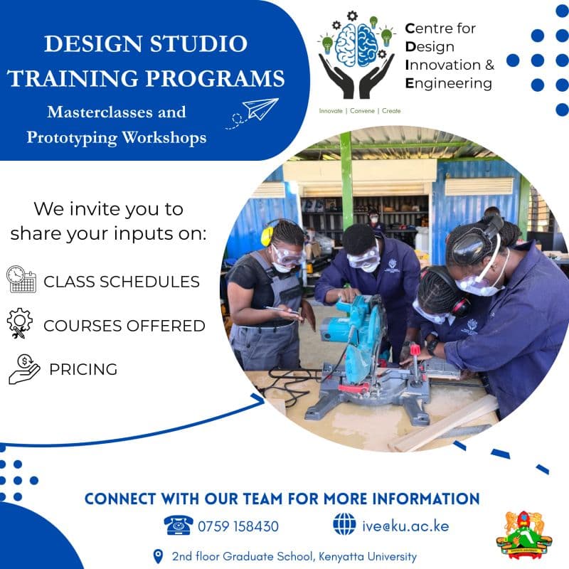 Design Studio Training Programs poster: masterclasses and prototyping workshops, inviting input on class schedules, courses offered and pricing