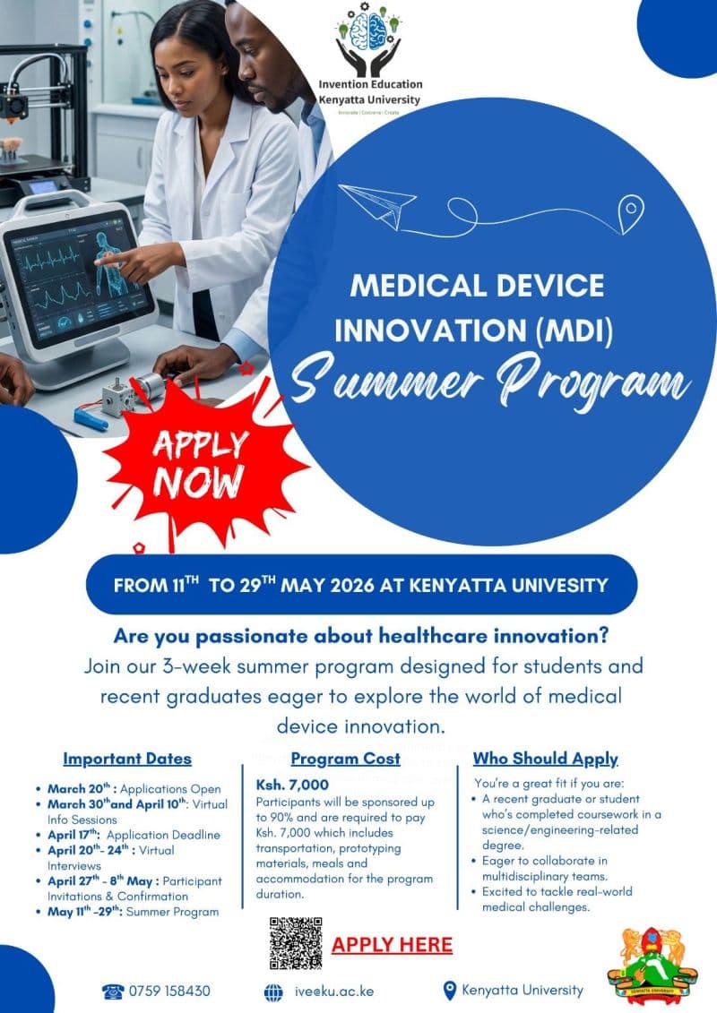 Medical Device Innovation Summer Program call, 11 to 29 May 2026 at Kenyatta University, with dates, cost and who should apply